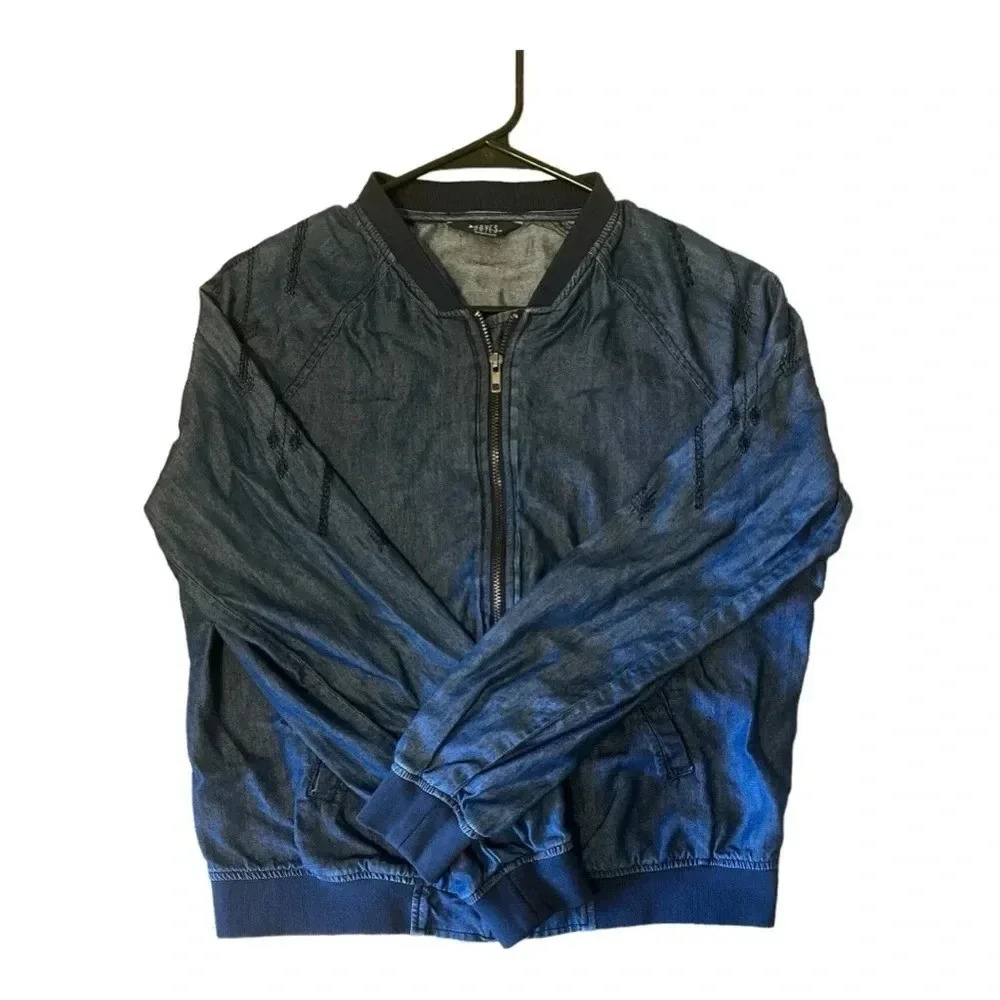 HAYES Indigo Bomber Women’s Jacket sz S Banded Beautiful Embroidered on Sleeve
